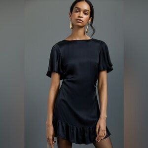 Anthropologie Black Ruffled Satin Mini Dress